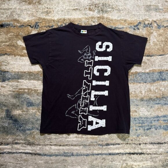 Vintage Sicilia Italia Graphic T-Shirt Black — More Euro Brand Medium - Picture 1 of 3